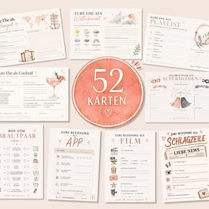 Op de afbeelding: Een set van 52 trouwkaarten met diverse thema's zoals reizen, weerbericht, afspeellijst, cocktail, superhelden en krantenkoppen. Elke kaart bevat gedrukte vragen, selectievakjes en aquarelillustraties in zachte, neutrale tinten.