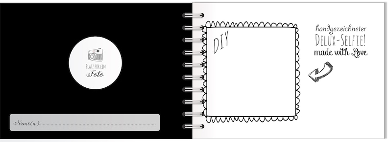 Puede incluir: Un &aacute;lbum de recortes en espiral en blanco y negro. La p&aacute;gina izquierda es negra con un c&iacute;rculo blanco y el texto "Place for a Photo" y un espacio para un nombre. La p&aacute;gina derecha tiene un marco de bricolaje y el texto "hand-drawn DELUX-SELFIE! made with Love."