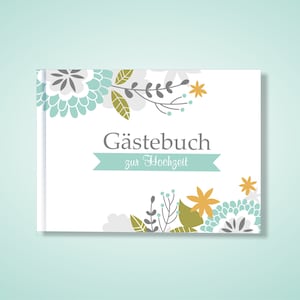 Gästebuch zur HOCHZEIT Hortensien mint mit Fragen Bild 1