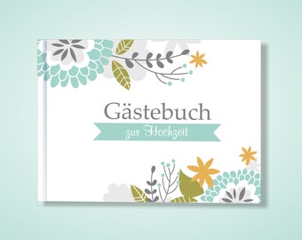 Gästebuch zur HOCHZEIT Hortensien mint mit Fragen