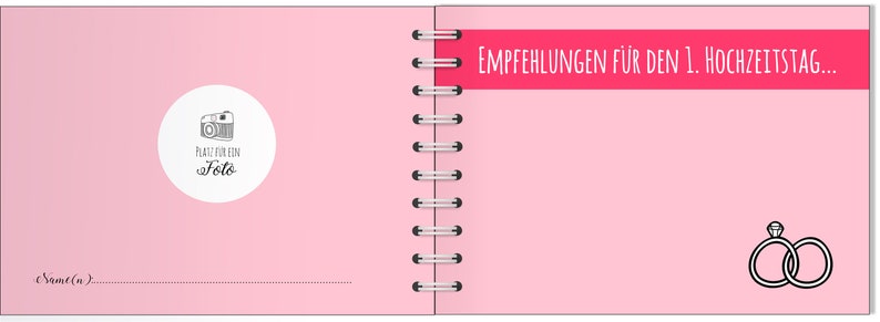 Puede incluir: Un &aacute;lbum de fotos rosa con espiral con el texto "Empfehlungen f&uuml;r den 1. Hochzeitstag..." en rojo. La p&aacute;gina izquierda tiene un c&iacute;rculo blanco con un icono de c&aacute;mara y las palabras "Platz f&uuml;r ein Foto". La p&aacute;gina derecha tiene dos anillos entrelazados.