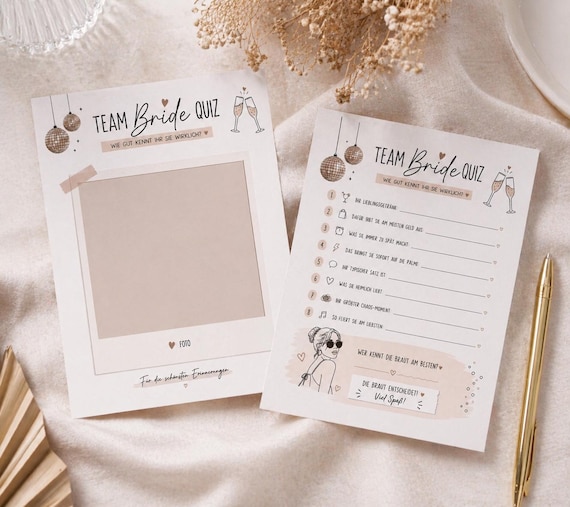 JGA Spiel Team Bride Quiz – Wer kennt die Braut am besten? Modernes Hochzeitsspiel für Junggesellinnenabschied