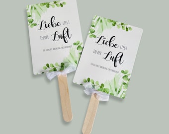 Fan wedding | Kraft paper look "Love is in the air" green eucalyptus