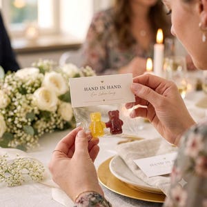 May include: A clear plastic bag containing two gummy bears, one yellow and one red, holding hands. The bag is topped with a white card featuring the text 'HAND IN HAND. Ein Leben lang.' with small heart icons above and below the text.