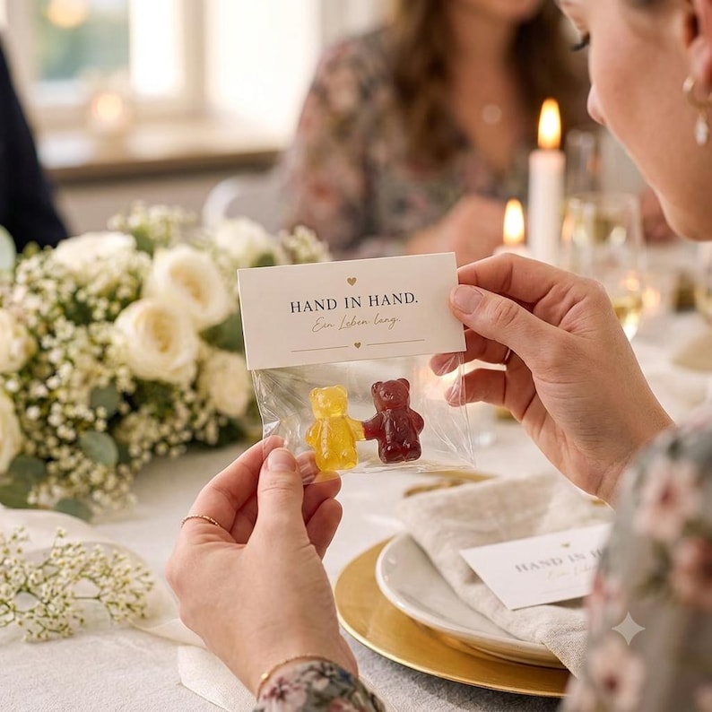 May include: A clear plastic bag containing two gummy bears, one yellow and one red, holding hands. The bag is topped with a white card featuring the text 'HAND IN HAND. Ein Leben lang.' with small heart icons above and below the text.