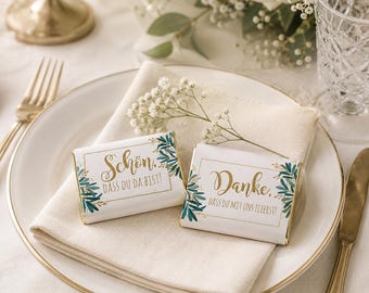 Green and Gold Chocolate Wedding Wrappers | So glad you're here | Wedding Favors | Candy Bar Decorations | Chocolate Wedding