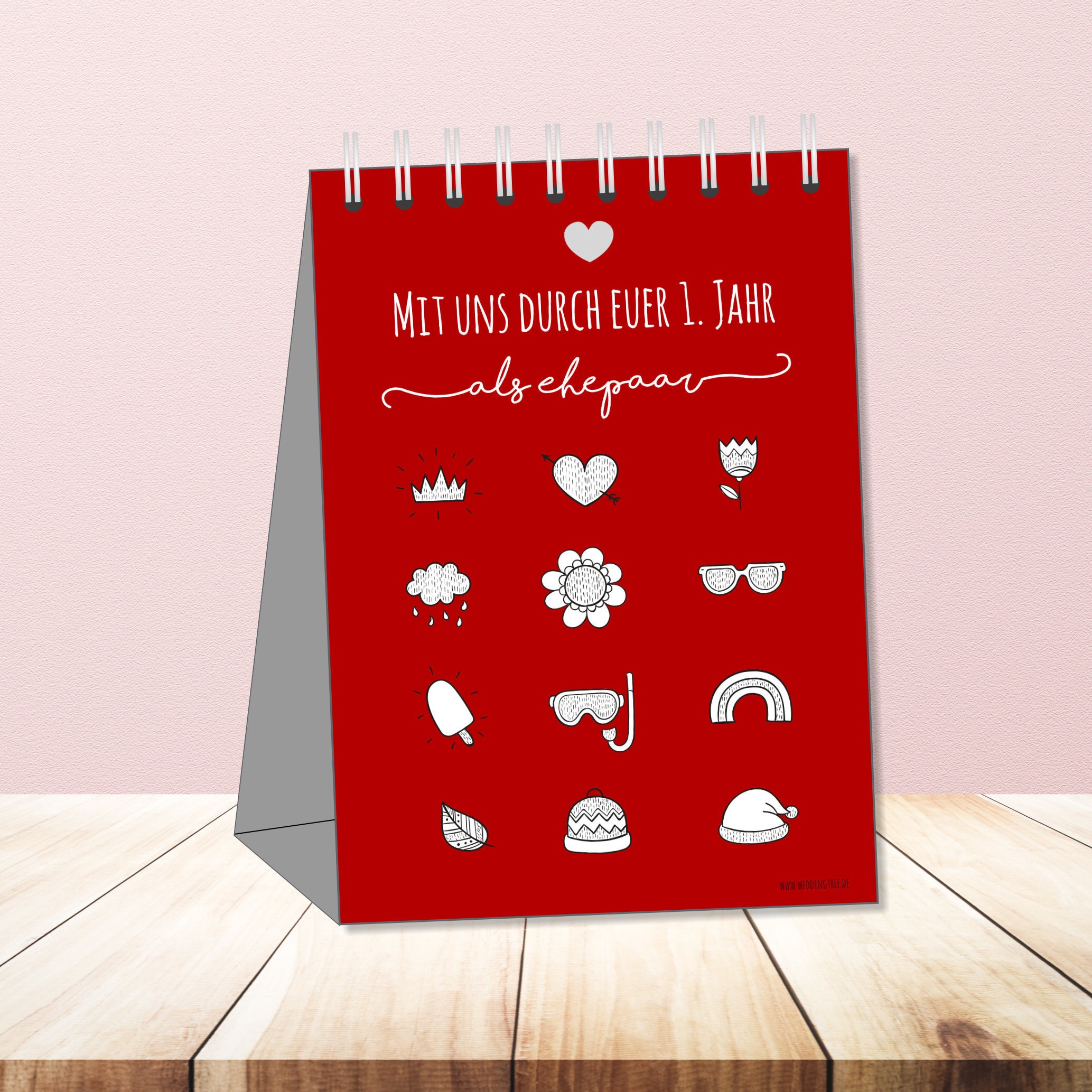 Jogo de casamento com calendário de raspar "Conosco durante o seu primeiro ano" | Calendário de rascunho com mensagem pessoal - noivos