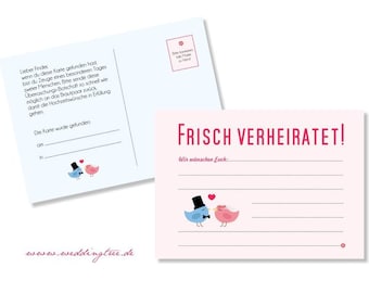 May include: A pink and white postcard with the text "FRISCH VERHEIRATET!" and the words "Wir wünschen Euch:"  The postcard features a cartoon illustration of two birds, one blue and one pink, with the blue bird wearing a top hat.