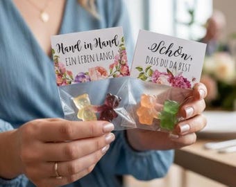 Gummy bear wedding favors | Candy bar & table decorations | "Hand in hand for a lifetime" or "So glad you're here" Watercolor flowers