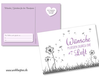 Balloon flight cards wedding, cards for balloons, 50 cards to attach to a balloon, dandelions lilac