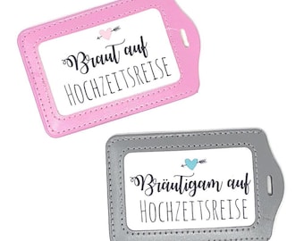 Suitcase tag as a wedding gift Bridal couple on honeymoon