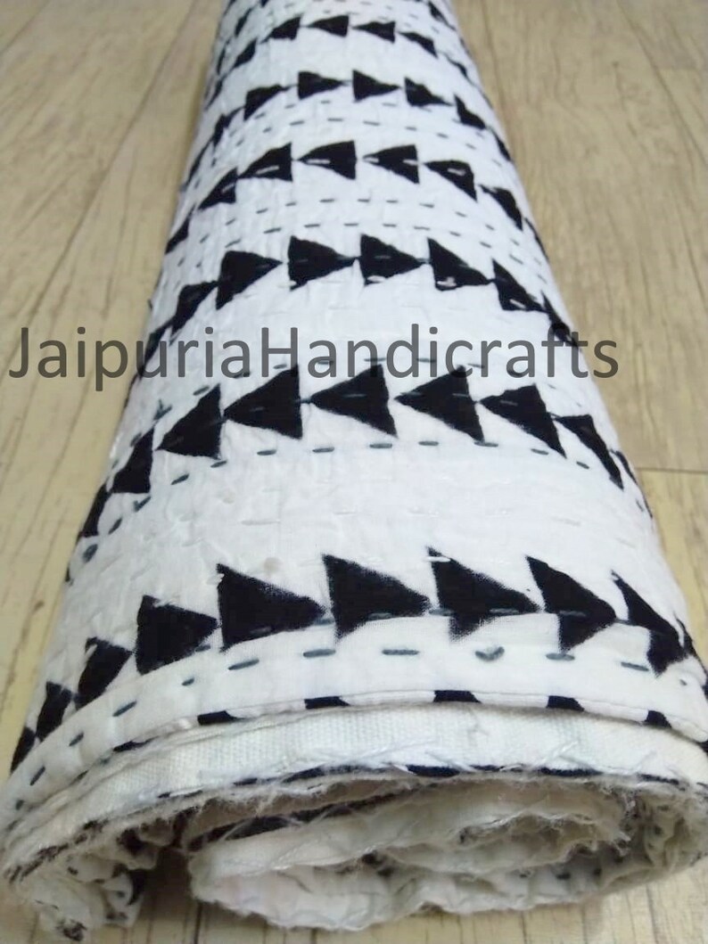 Block print quilt stripped kantha Handmade HandStitched Patchwork Vintage Kantha Quilt Hand-Stitched Queen Kantha Throw Cotton Blanket