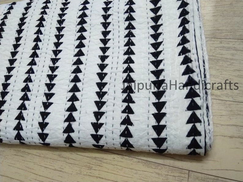 Block print quilt stripped kantha Handmade HandStitched Patchwork Vintage Kantha Quilt Hand-Stitched Queen Kantha Throw Cotton Blanket