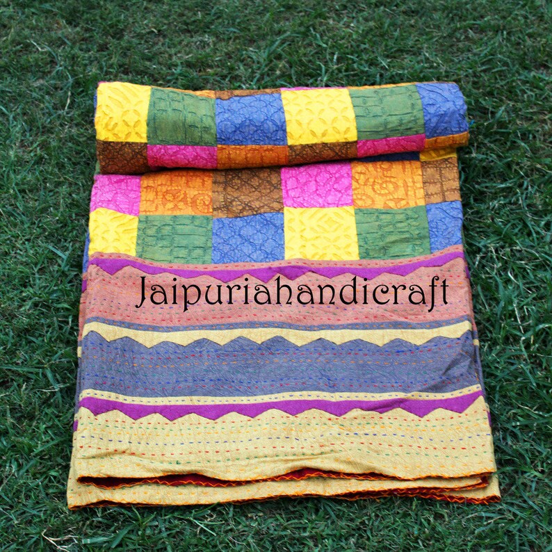 Black Queen Size Cutwork Kantha Quilt Unique Applique Hand Embroidered Kantha