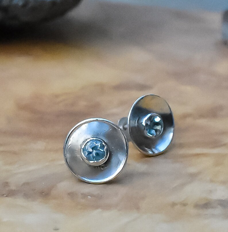 Sterling Silver Domed Stud Earrings Handmade Blue Topaz Gemstone Studs Sky Blue Topaz Studs