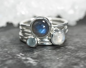 Silver Cloud: Aquamarine, Labradorite & Moonstone Stacking Ring Set, Argentium Silver