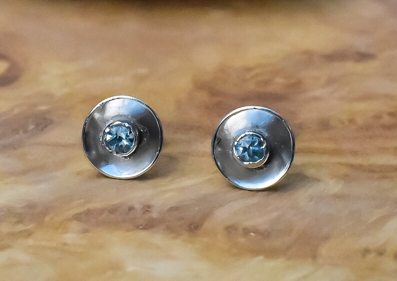 Sterling Silver Domed Stud Earrings Handmade Blue Topaz Gemstone Studs Sky Blue Topaz Studs
