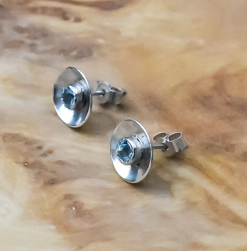 Sterling Silver Domed Stud Earrings Handmade Blue Topaz Gemstone Studs Sky Blue Topaz Studs