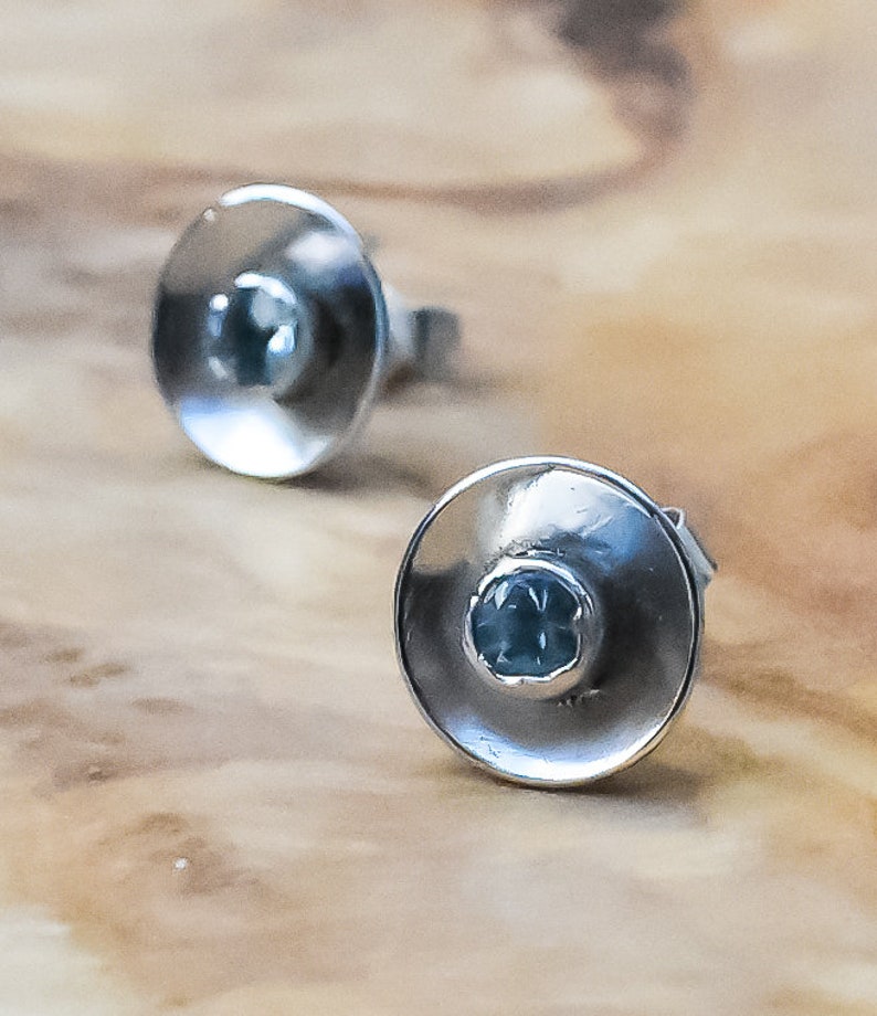 Sterling Silver Domed Stud Earrings Handmade Blue Topaz Gemstone Studs Sky Blue Topaz Studs