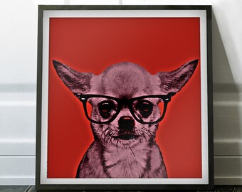 Geek Chihuahua in Pop Art Warhol Lithograph ( Red Background ) - Print / Home Decor / Wall Art / Poster / Gift / Chihuahua Lover Gift