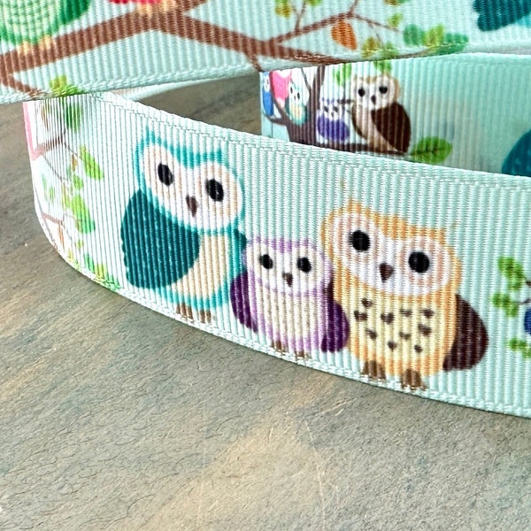 Owl Love Grosgrain Ribbon 10mm 16mm 25mm Owls in Trees Ribbon for Craft or Doll Clothes Hooters Family