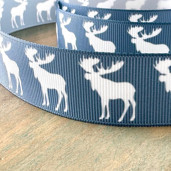 Moose Blues Grosgrain Ribbon 10mm 16mm 25mm Blue Elk Ribbon Moose Silhouette Winter Ribbon Trim Christmas