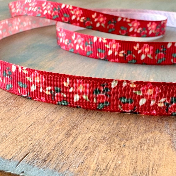 Red Flowers Grosgrain Ribbon 10mm Red Floral Trim for Crafts Gift Wrap Nanas Handbag Vintage Floral Cottagecore