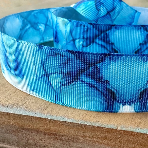 Stunning Marble Grosgrain Ribbon 16mm 25mm Blue Abstract Trim Watercolor Azure Blue for Craft Lover Ribbon Dye Blot Print