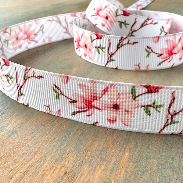 Cherry Blossom Grosgrain Ribbon 10mm 16mm 25mm White Pink Floral Ribbon Trim for Baby Shower Bridal Party Ribbon