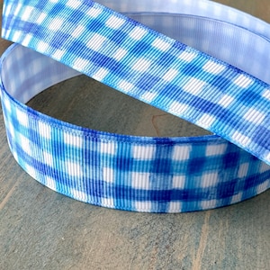 May include: Blue and white gingham ribbon with a watercolor effect. The ribbon is rolled up and the pattern is visible on both sides.
