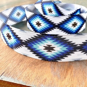 Aztec Blue Grosgrain Ribbon 22mm 38mm Blue Tribal Ribbon Boho Ribbon Southwest Design Craft Ribbon