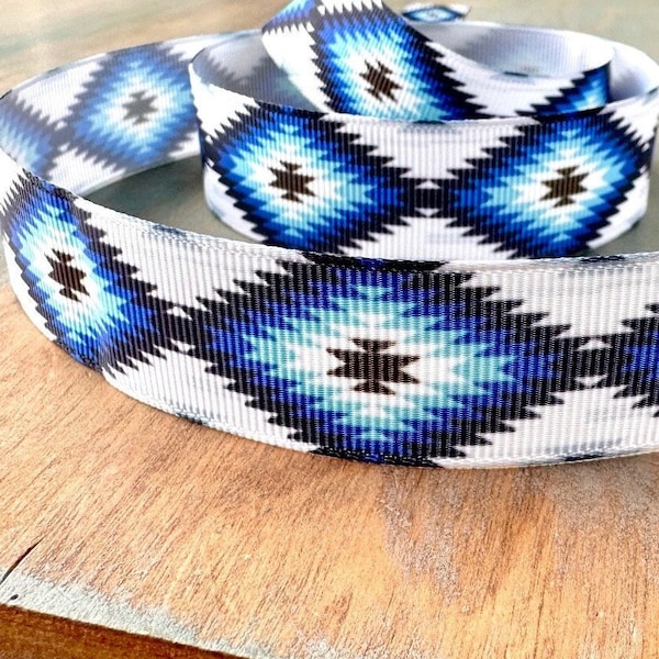 Aztec Blues Grosgrain Ribbon 22mm Blue Tribal Ribbon Boho Ribbon Southwest Design Craft Ribbon