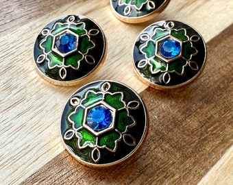 Blue Gemstone Green Enamel Metal Shank Buttons 5 Piece 17mm Metal Green Buttons Cardigan Fancy Fasteners Vintage Inspired Coat