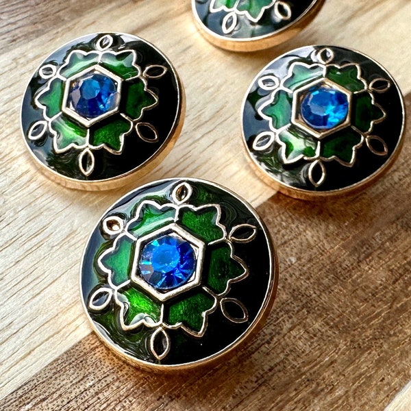 Blue Gemstone Green Enamel Metal Shank Buttons 5 Piece 17mm Metal Green Buttons Cardigan Fancy Fasteners Vintage Inspired Coat