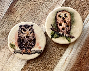 Forest Owl Buttons 5 Pieces 30mm Round Brown Painted Wood Buttons Wooden Fasteners for Cardigan Jacket Doll Crochet 4 Holes