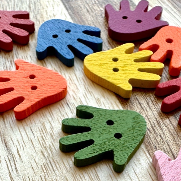Hello Hands Wood Buttons 23mm Random Mix 10 Pieces Wooden Rainbow Craft Buttons Colorful Cardigan Fastener 2 Hole Hi Carved Hand Shape