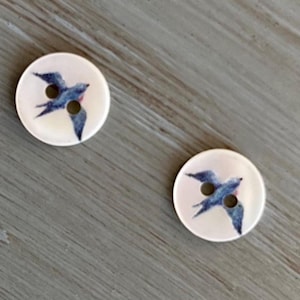 11mm Blue Birds Natural Shell Buttons 2 eye Fastener (5 piece set)