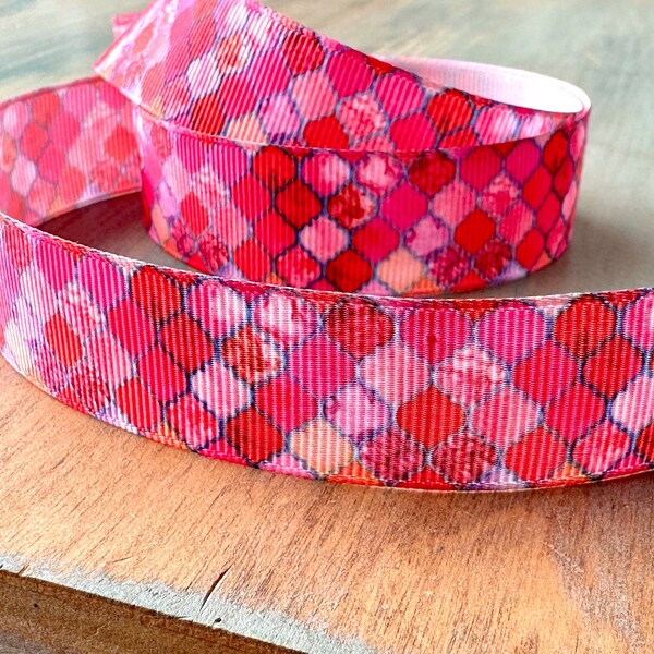 Pink Pane Grosgrain Ribbon 10mm 16mm 22mm Shades of Pink Fuchsia Moroccan Tile Geometric Honeycomb Design Purple