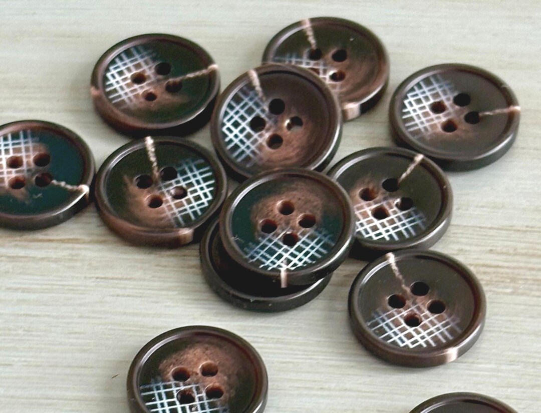 Rich Brown Double Sided Plaid Accent Buttons 18mm Resin 4 Eye Fasteners ...