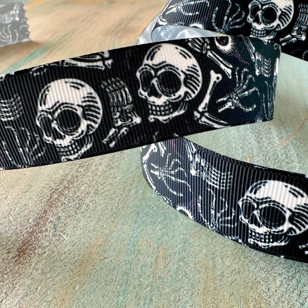 White Bones Grosgrain Ribbon 25mm Black Printed Grosgrain Tape Scary Trim for Crafts Halloween Spooky Skeleton Skull