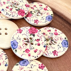 Blossom Floral Wooden Button 30mm Round Natural 2 eye Floral Button Cardigan Jacket Doll Crochet White Blossom Vintage (5 piece set)