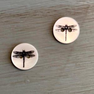 May include: Two white round buttons with a black dragonfly design.
