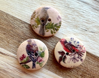 Woodland Bird Buttons 6 Pieces 20mm Random Mix Round Brown Painted Wood Buttons Wooden Fasteners for Cardigan Jacket Doll Crochet