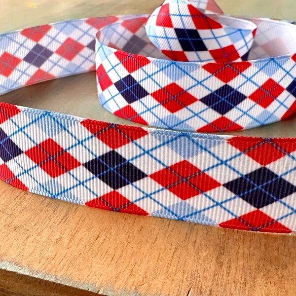 Preppy Plaid Grosgrain Ribbon 16mm 25mm Red White Blue Argyle Schoolboy Tie Hat Band Diamond Printed Grosgrain