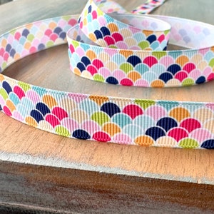 Brilliant colors Grosgrain Ribbon 10mm 16mm 25mm Candy Colored Printed Grosgrain Trim Fish Scale Mermaid Tail Scalloped Design