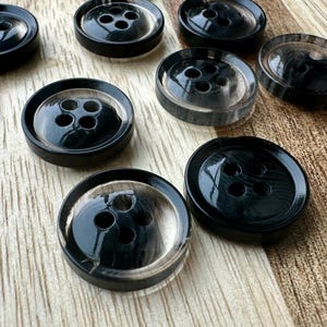 Black Resin Suit Buttons 15mm 21mm 25mm Clear Acrylic 4 eye Fastener for Doll Clothes Suiting Button Black Ink Design Swirl (6 piece set)