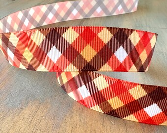 Bold Plaid Grosgrain Ribbon 16mm 25mm Orange Ribbon Autumn Plaid Brown Trim for Fall Autumn Decor Pumpkin Ribbon