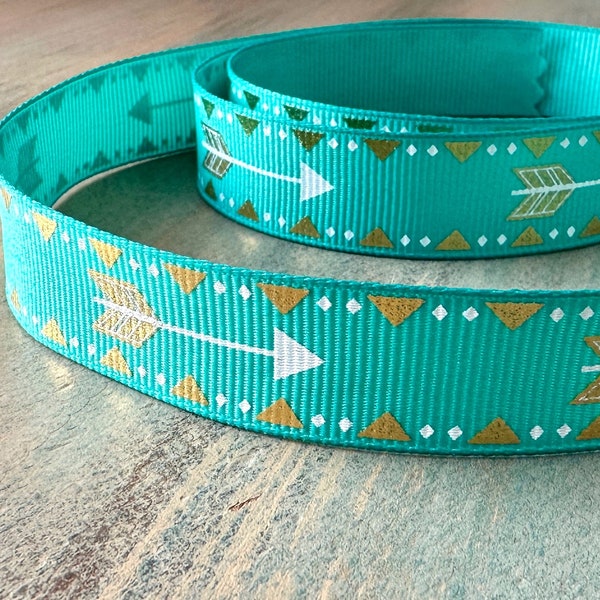 Aqua n Arrows Grosgrain Ribbon 16mm Gold Foil Tribal Design White Grosgrain with Gold Foil Feather Aztec Native American