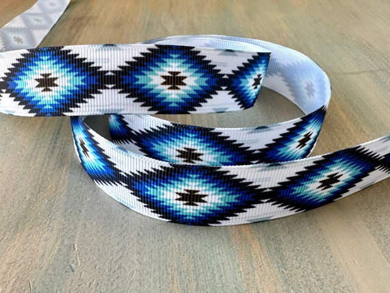 Aztec Blues Grosgrain Ribbon 22mm Blue Tribal Ribbon Boho Ribbon Southwest  Design Craft Ribbon 