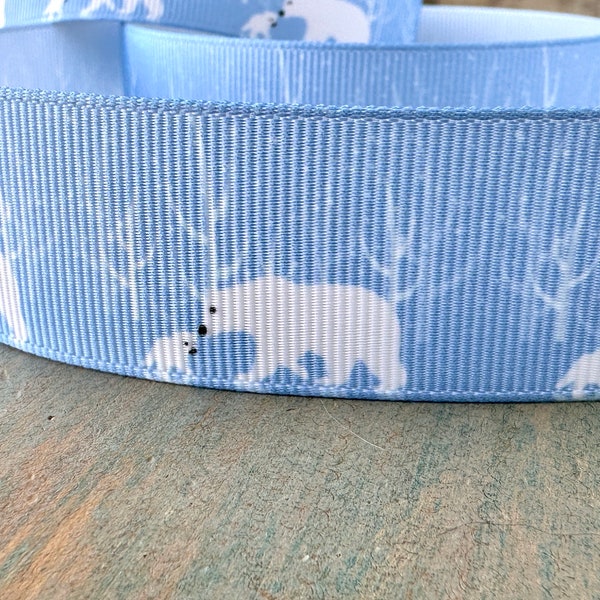 Polar Bear Grosgrain Ribbon 10mm 16mm 25mm Whimsical Winter Ribbon Blue Holiday Decor Christmas Bear Mama Bear Baby Polar Bear Snow